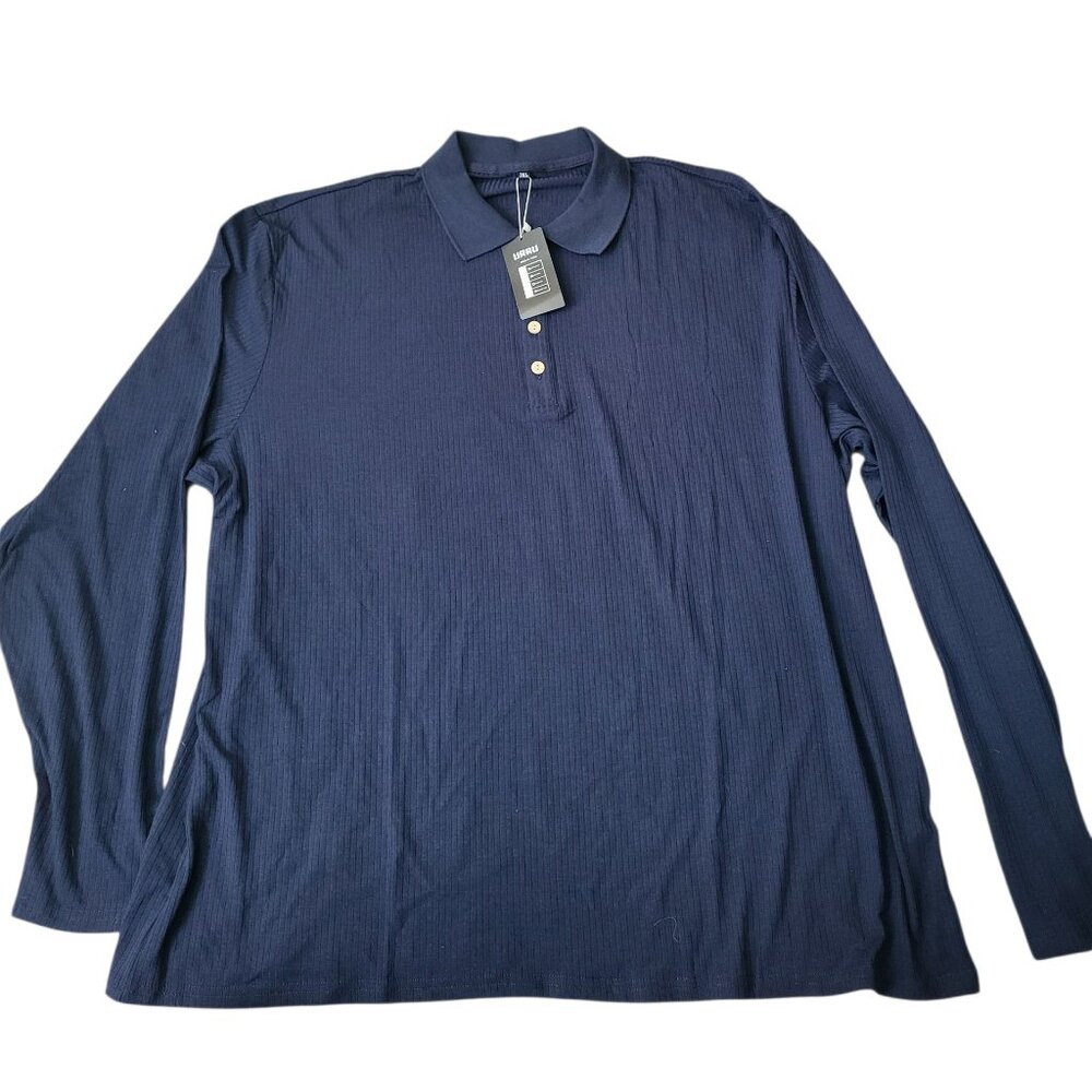 Mens Casual Long Sleeve Shirts Lapel Solid Color T-Shirt Ribbed Pullover Top 3XL